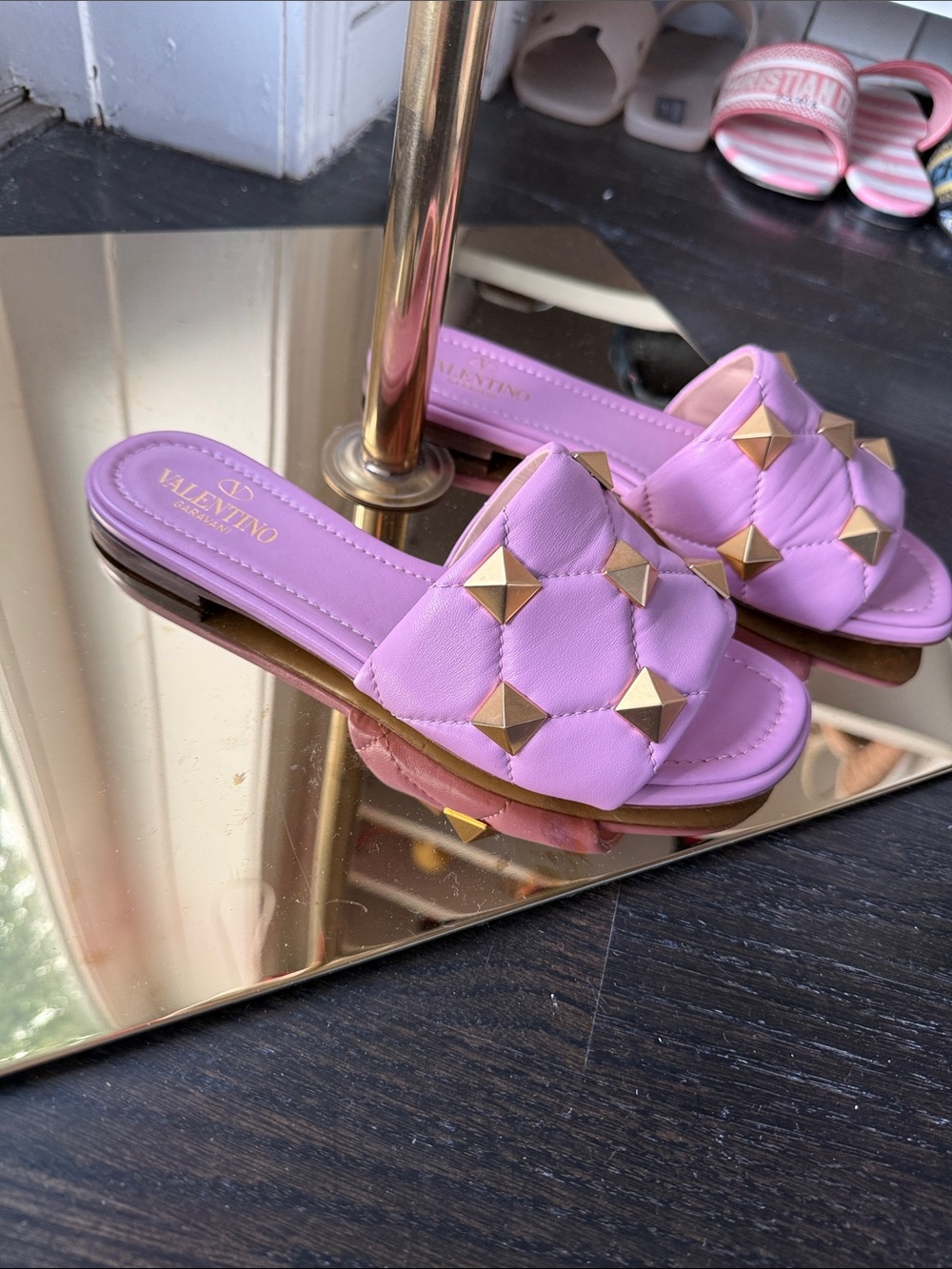Valentino Lavender Quilted Rockstud Slide Sandal with Gold Studs - Picture 2 of 9